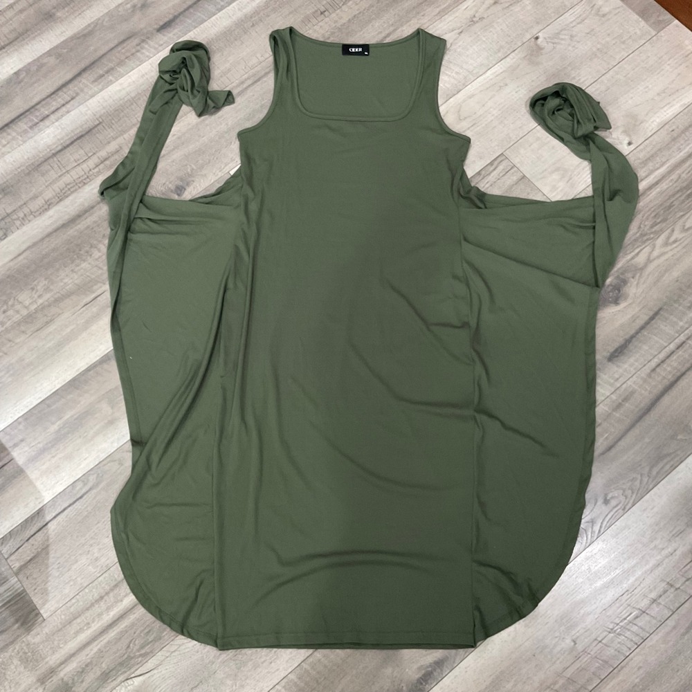 Cider Olive Green Midi Dress with Waist Tie - Picture 2 of 8